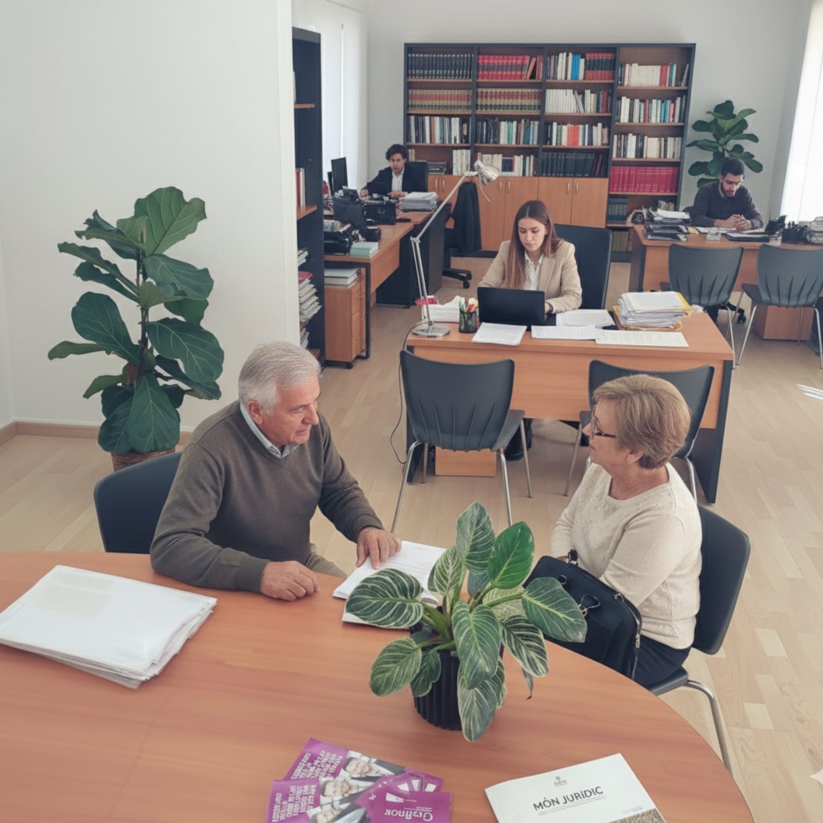 Sala de trabajo del despacho: dos personas revisan documentación sentadas a la mesa mientras el equipo trabaja al fondo