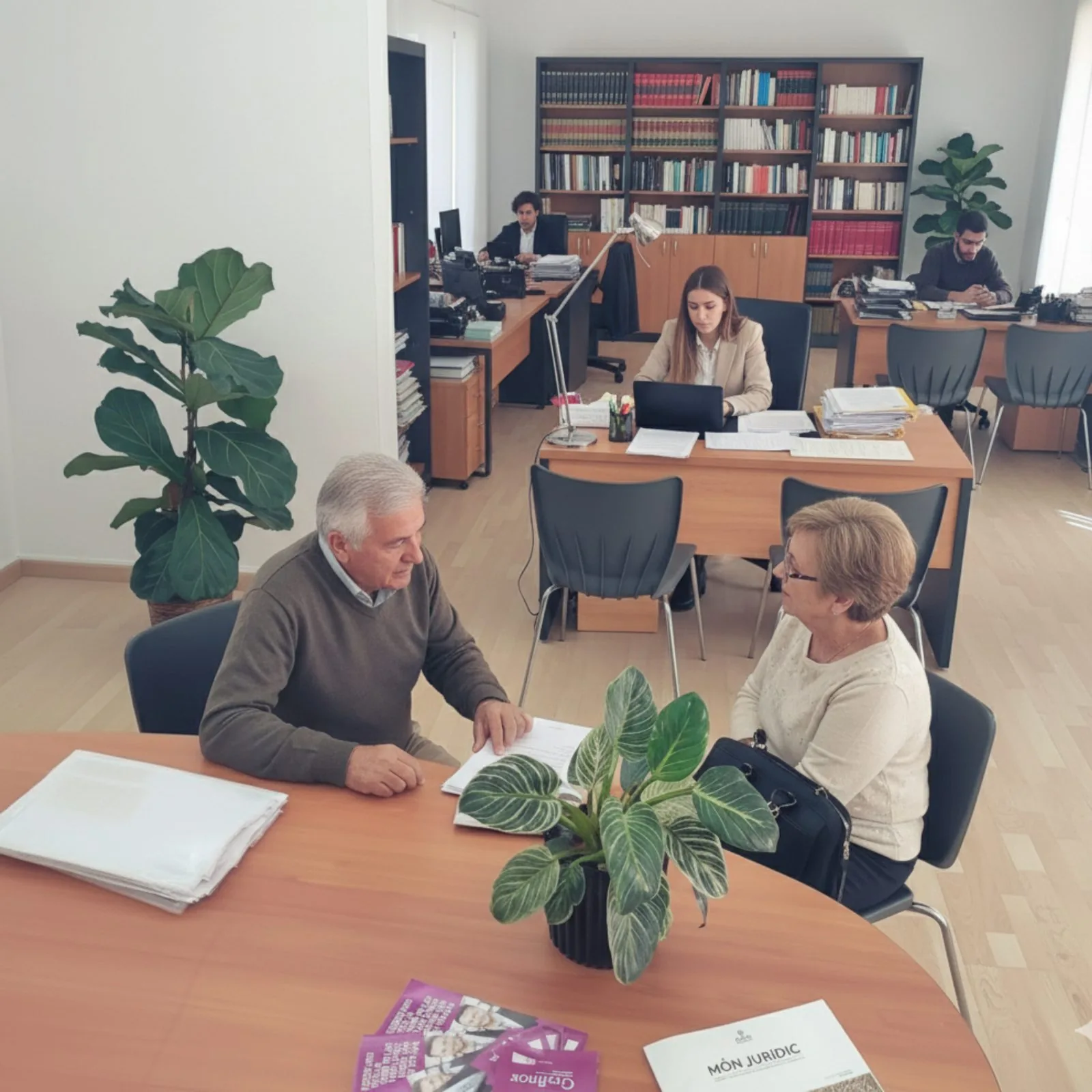 Sala de treball del despatx: dues persones revisen documentació assegudes a la taula mentre l'equip treballa al fons