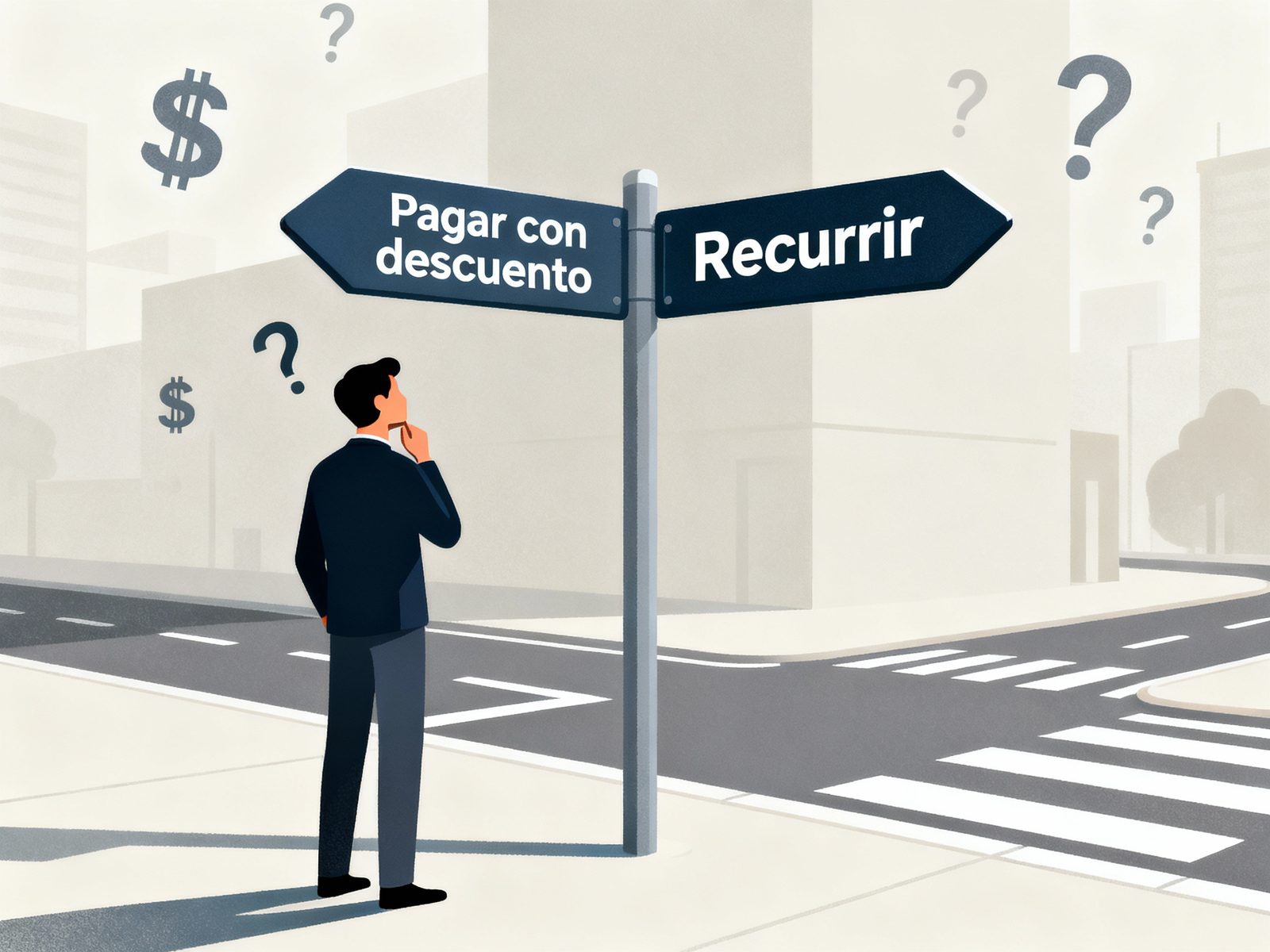 Ilustración de una persona ante una señal con dos direcciones opuestas: pagar la multa con descuento o recurrirla