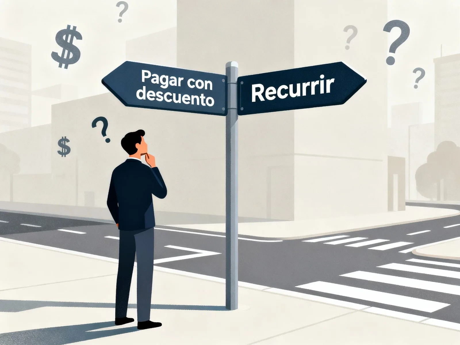 Il·lustració d'una persona davant d'un senyal amb dues direccions oposades: pagar la multa amb descompte o recórrer-la