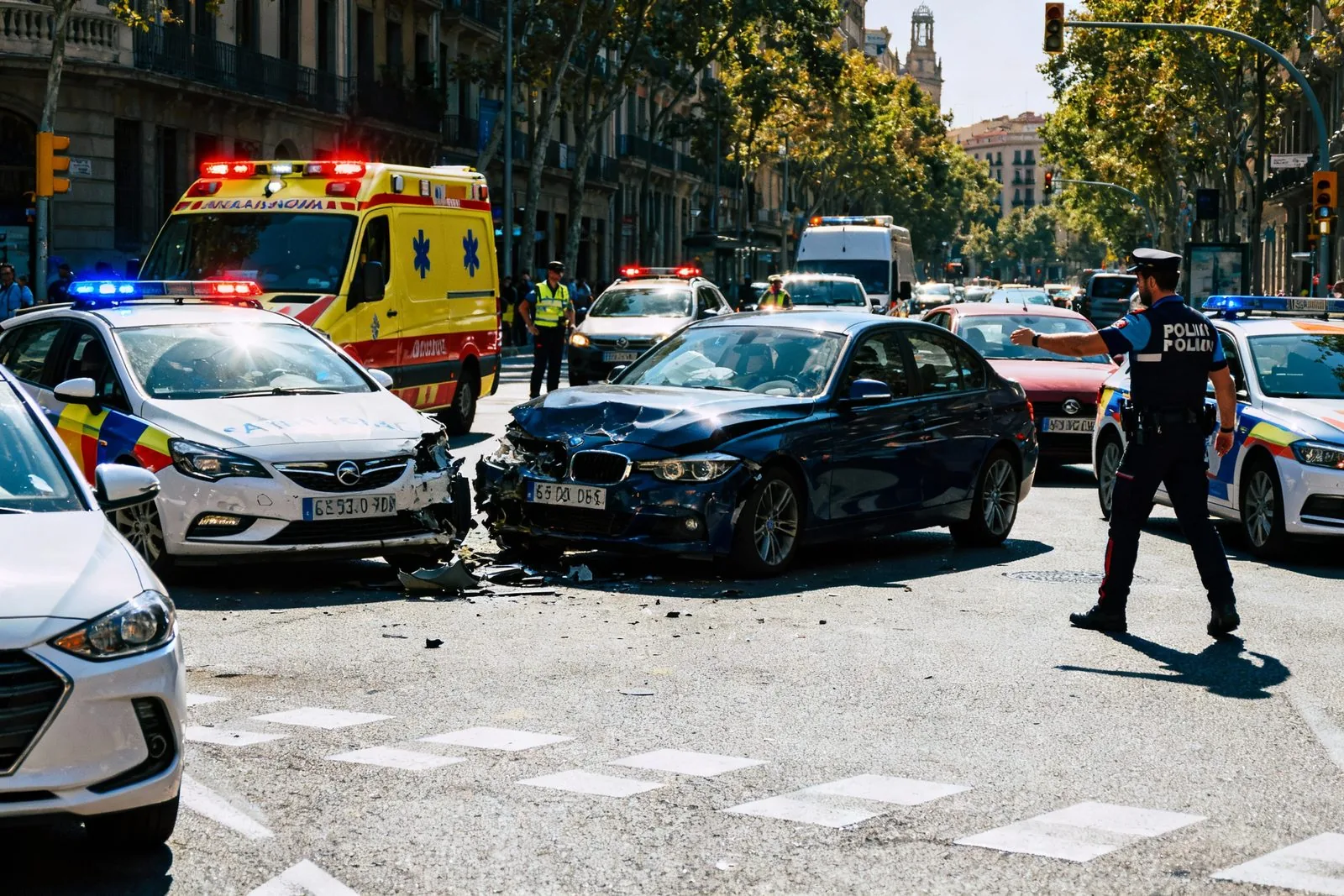 Dos cotxes accidentats en un encreuament de Barcelona, atesos per una ambulància i agents de policia