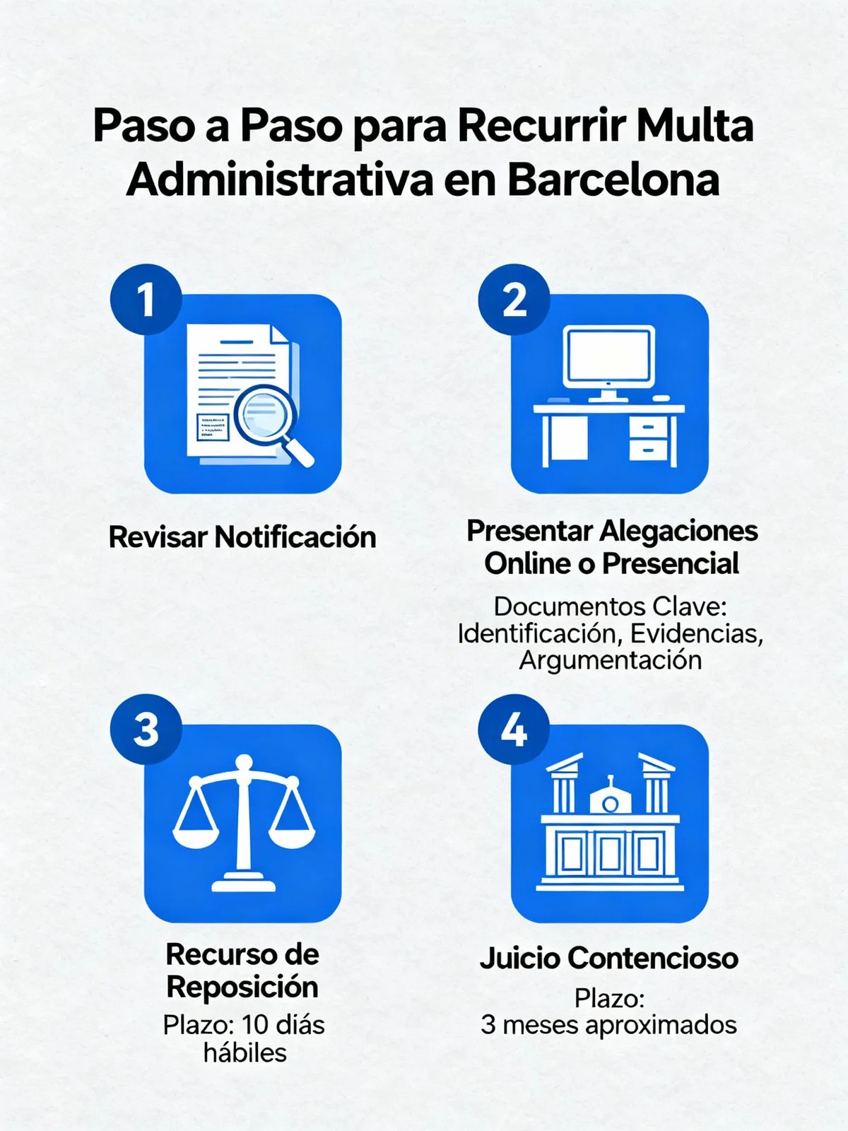 A four-step infographic on appealing an administrative fine in Barcelona: read the notice, file representations, recurso de reposición and contentious-administrative proceedings