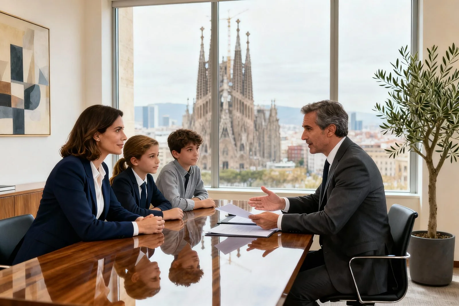 Una mare i els seus dos fills escolten un advocat en una sala de reunions amb la Sagrada Família al fons
