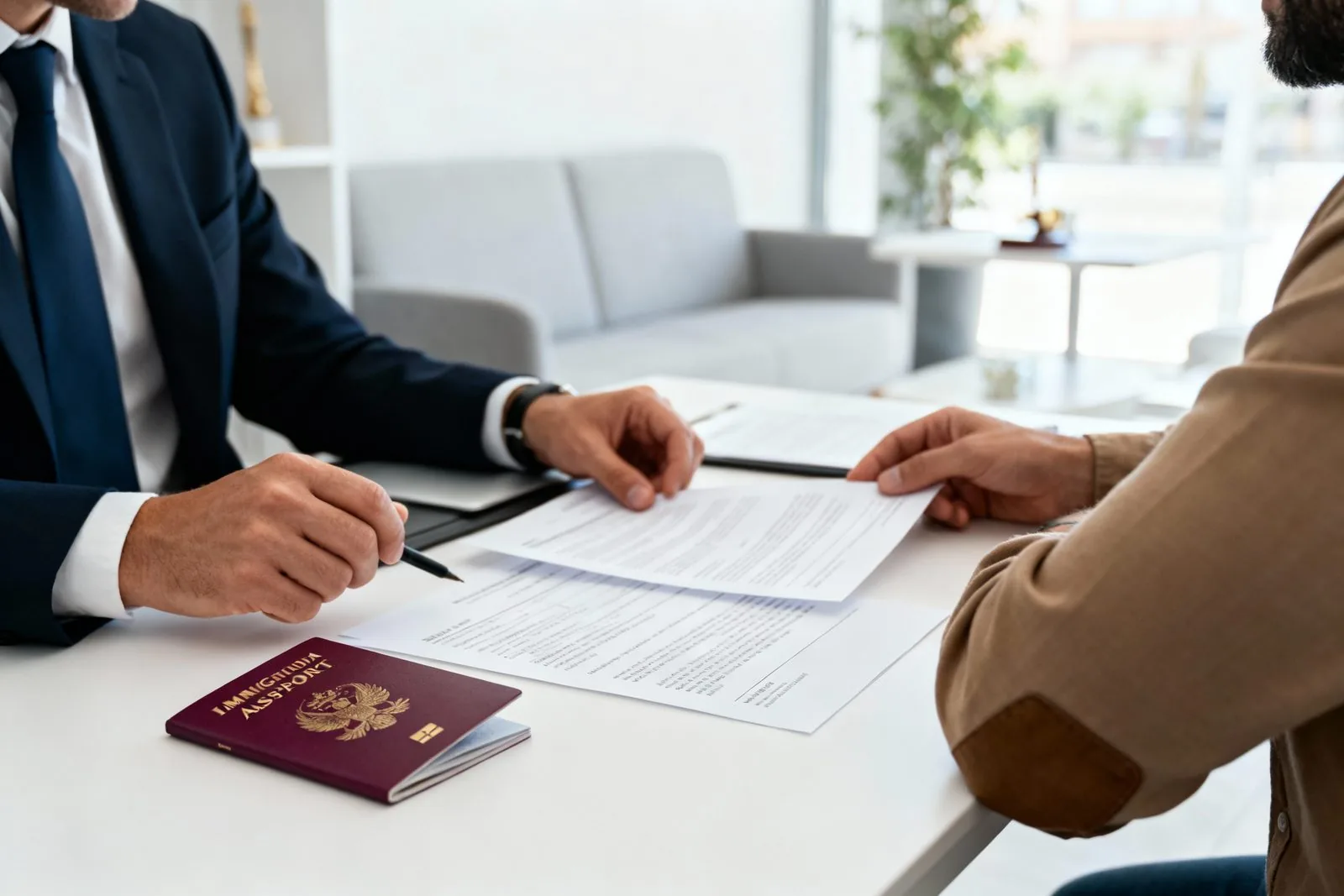 Dues persones assegudes l'una davant de l'altra en una taula repassant documents, amb un passaport obert a sobre