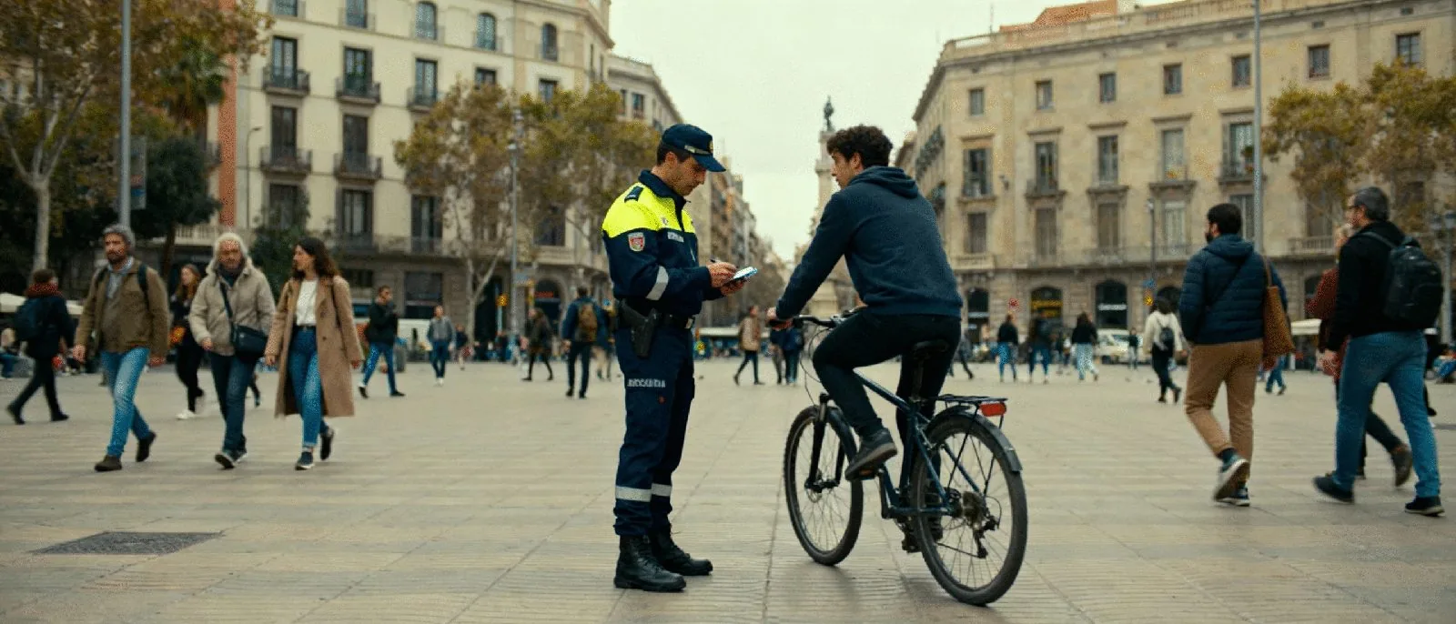Un agent de la Guàrdia Urbana patrulla en bicicleta per un carrer de Barcelona ple de vianants
