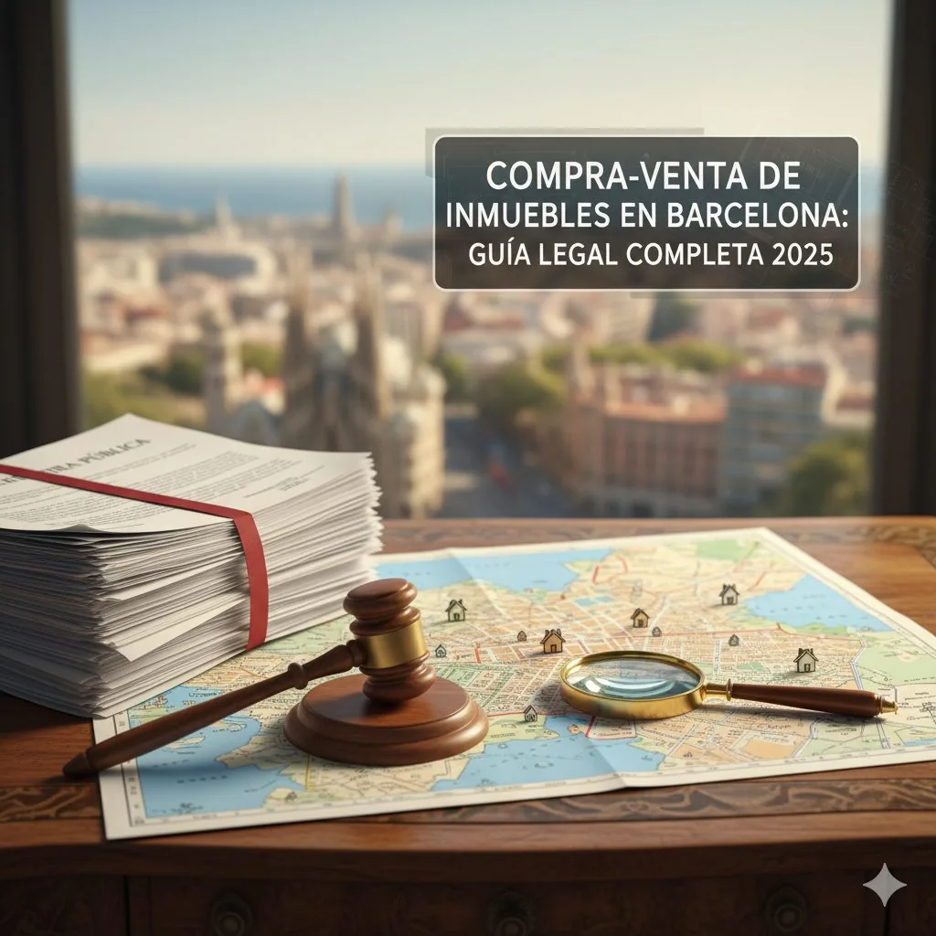 Portada de la guia legal de compravenda d'immobles a Barcelona 2025, amb una maça judicial sobre un munt d'escriptures