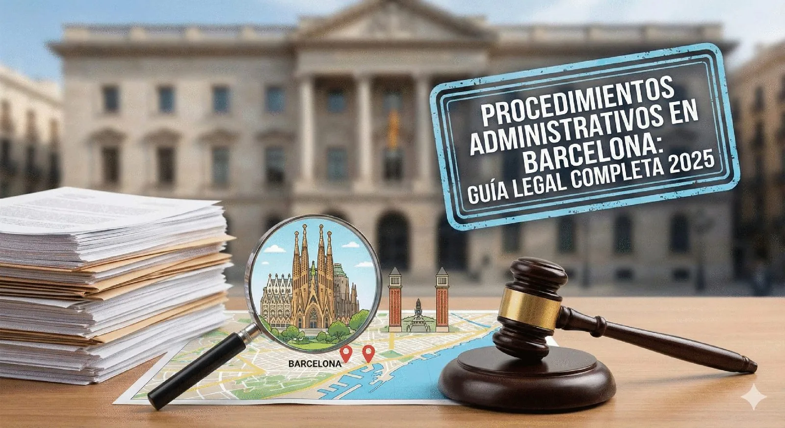 Portada de la guia de procediments administratius a Barcelona 2025, amb expedients i una maça judicial sobre un plànol de la ciutat
