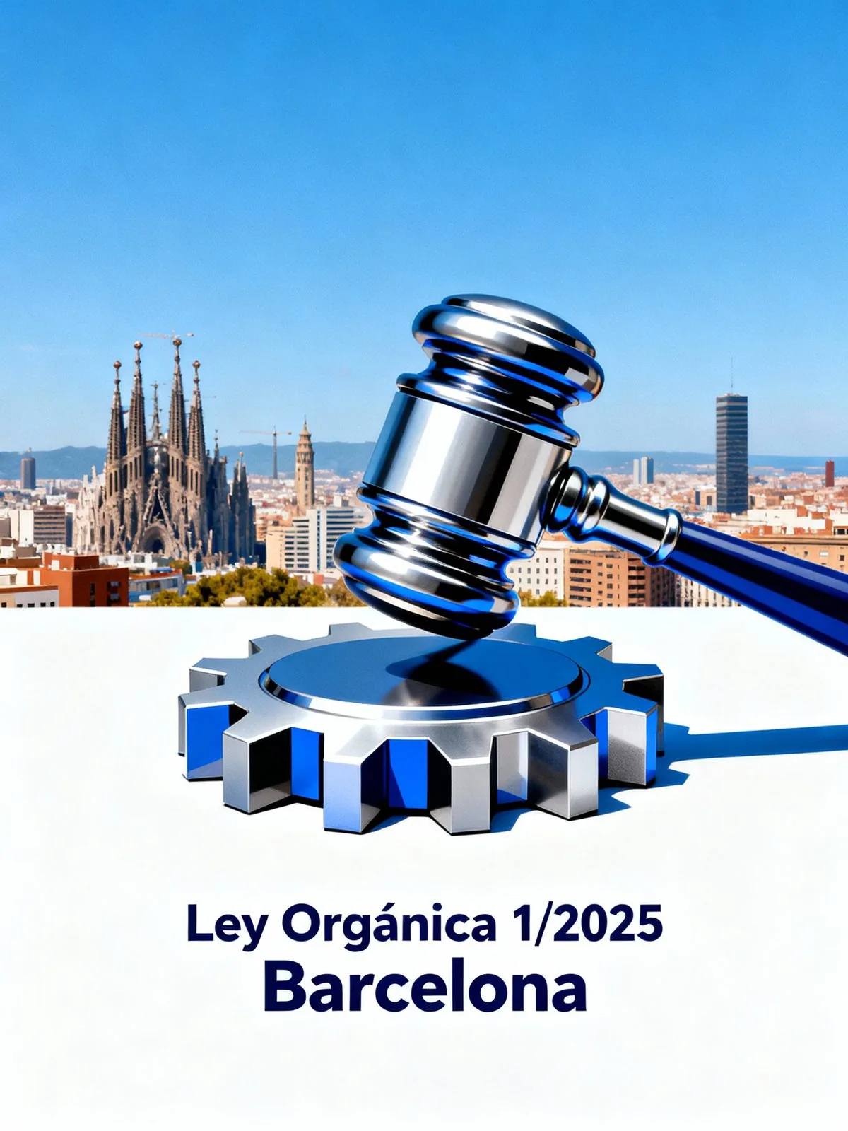 Cartell de la Ley Orgánica 1/2025 a Barcelona, amb una maça judicial sobre engranatges i la Sagrada Família al fons